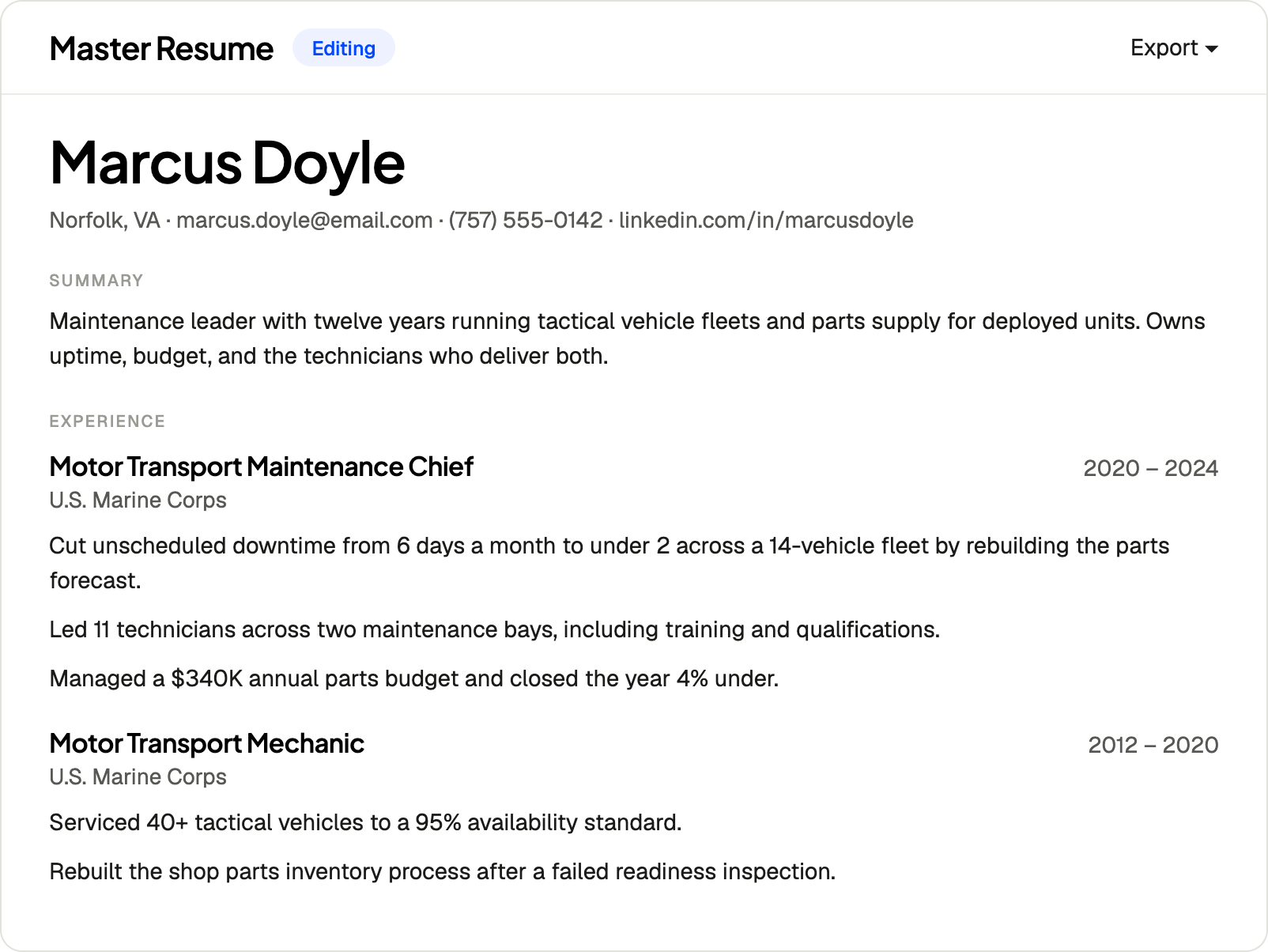 The exported resume, a single column of plain text with clear section headings